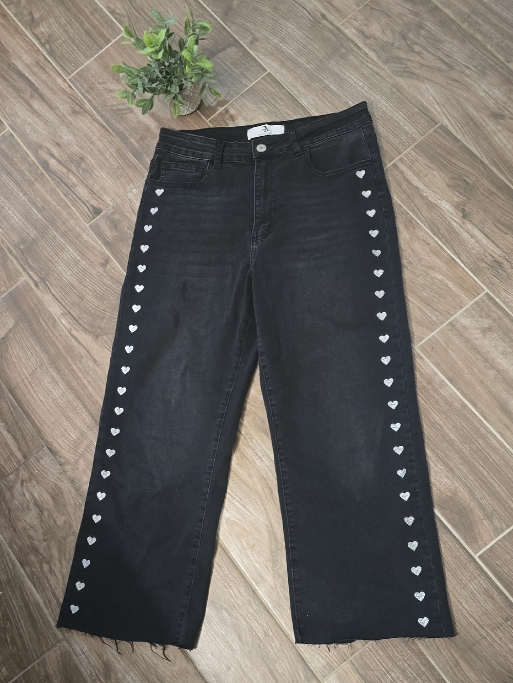 Flying Angel Black High-Rise Straight Jeans with Heart Side Trim